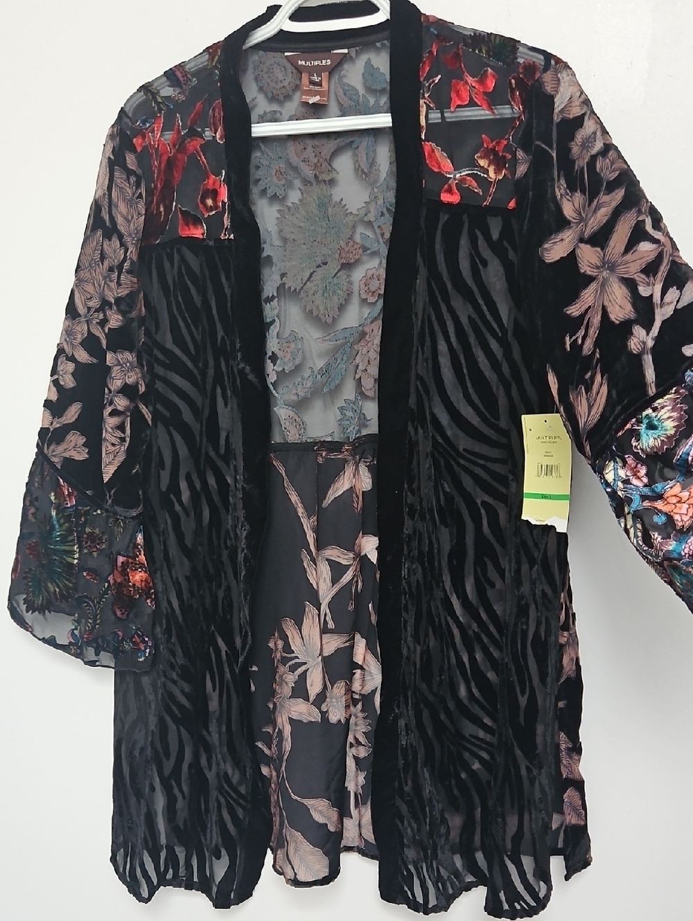 Multiples Burnout Velvet Jacket Womens Sz L Black Flared Kimono Floral NWT - Picture 4 of 11